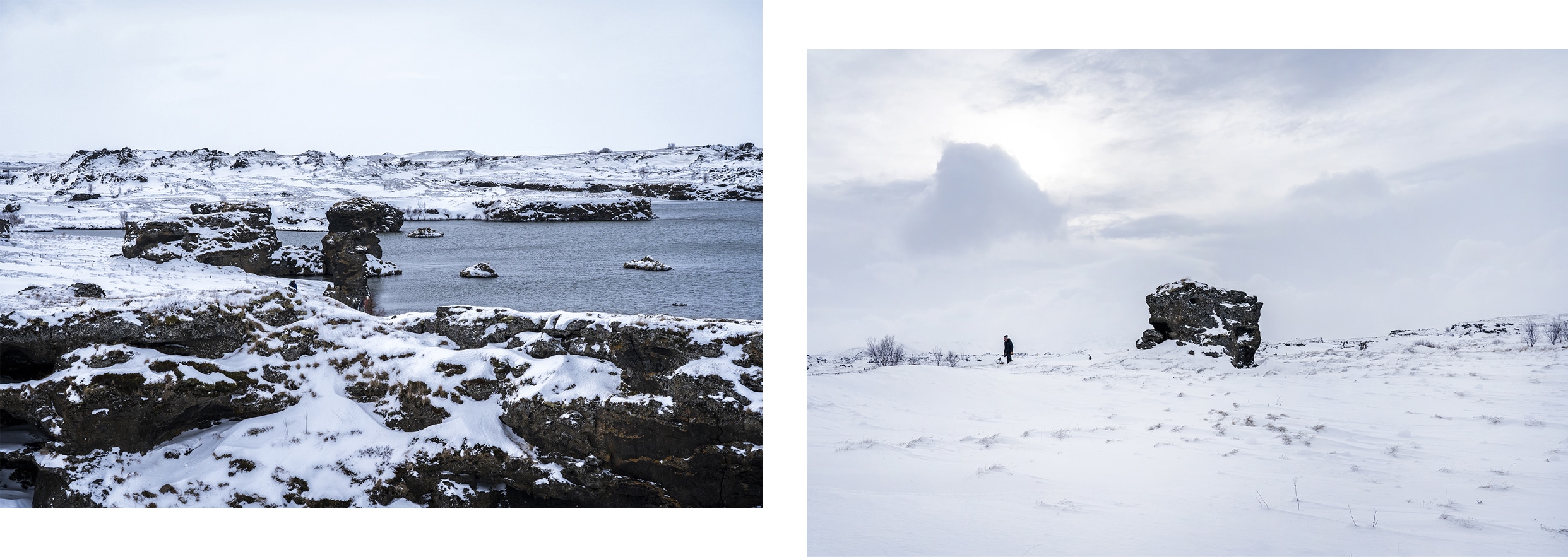 Mývatn lac rochers eau noir et blanc rayons percent Islande du Nord
