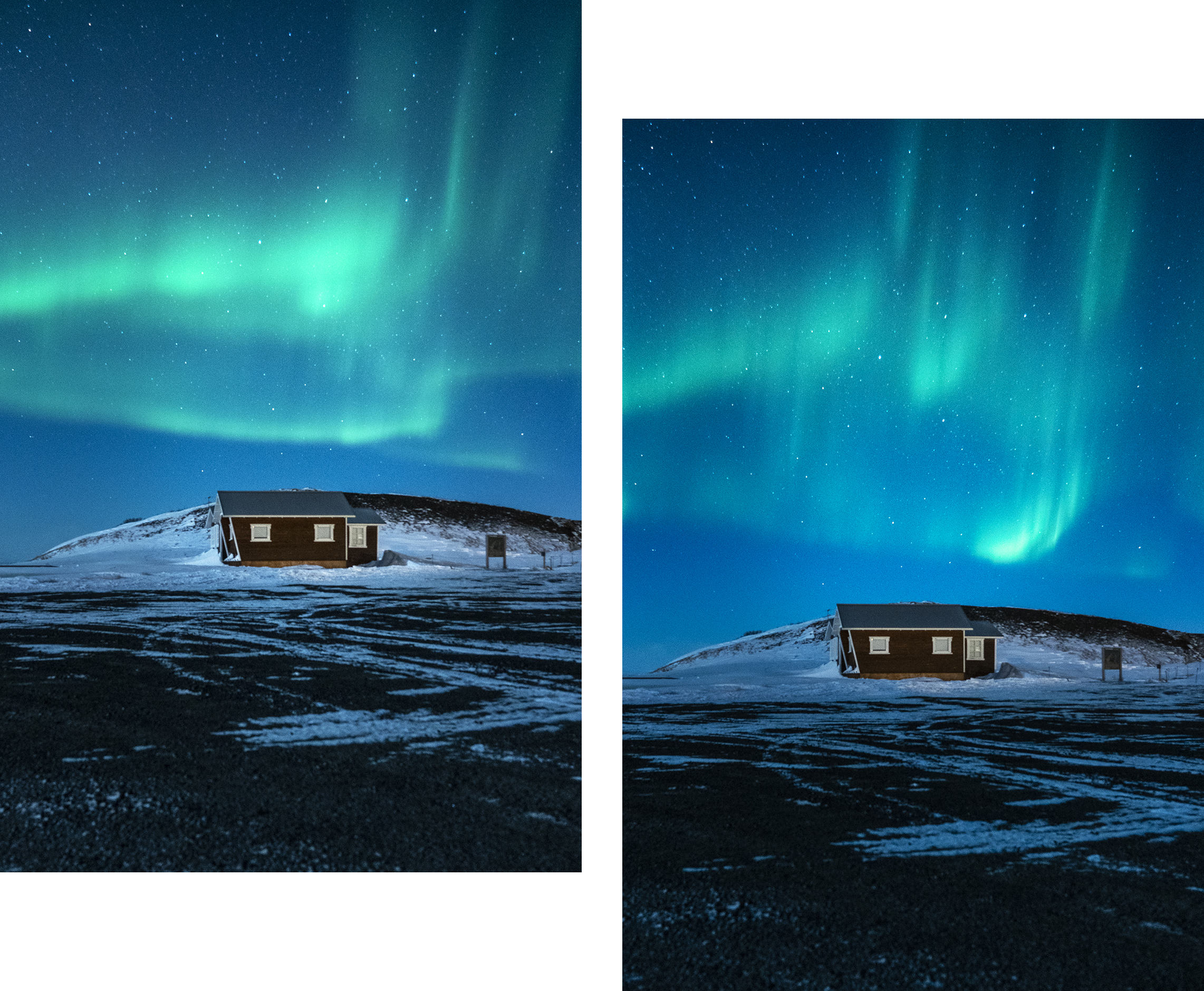 Mývatn aurores boréales cabane nuit étoiles