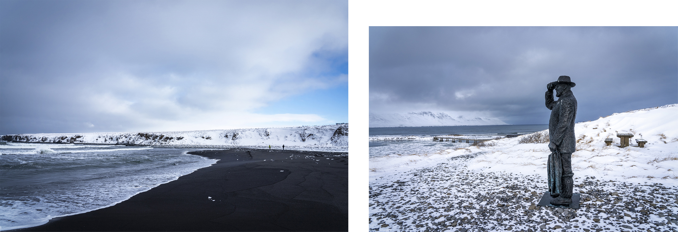 Skagafjördur plage sable noir mer écume montagnes satue