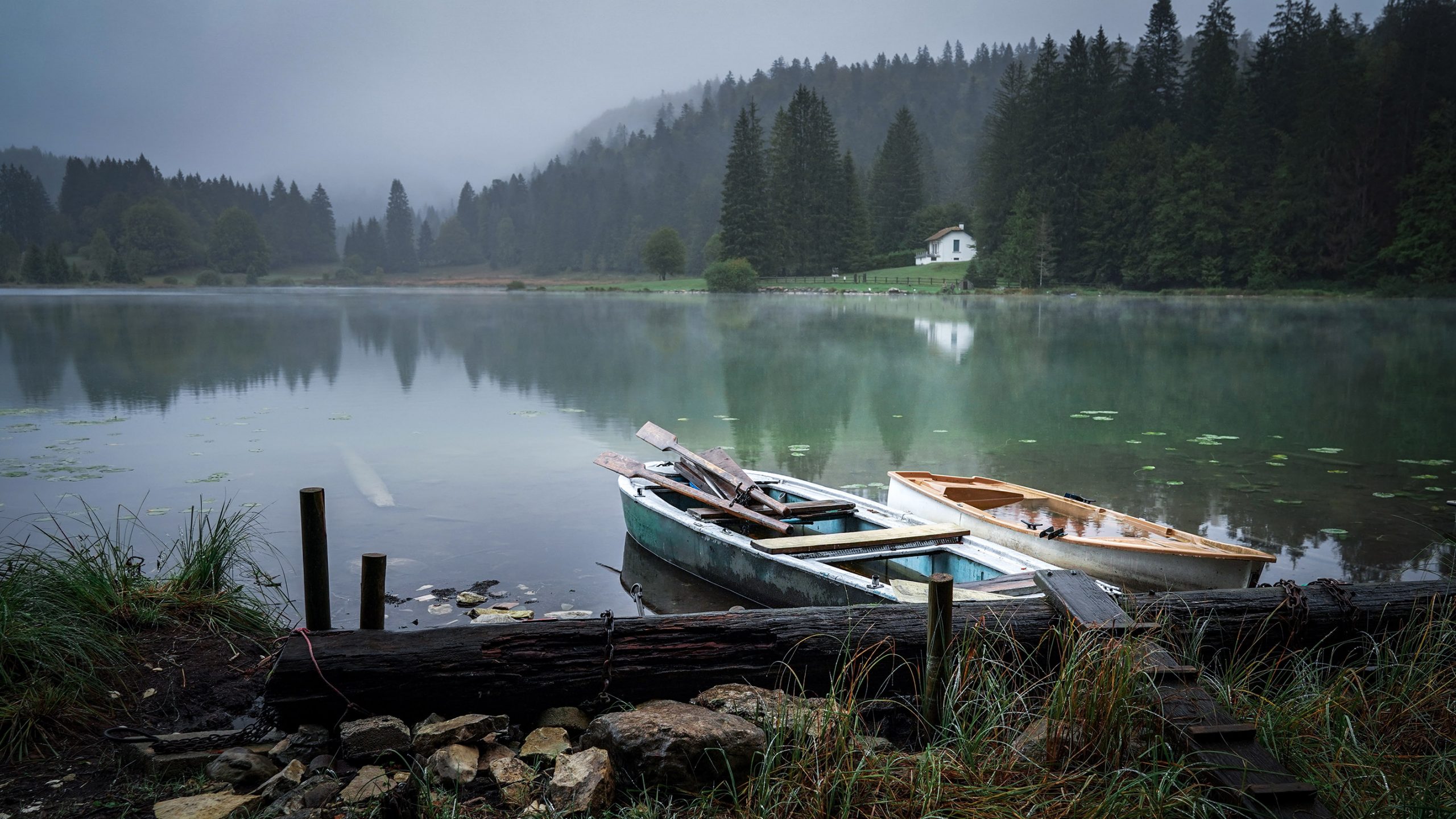 Jura lac genin barques brouillard