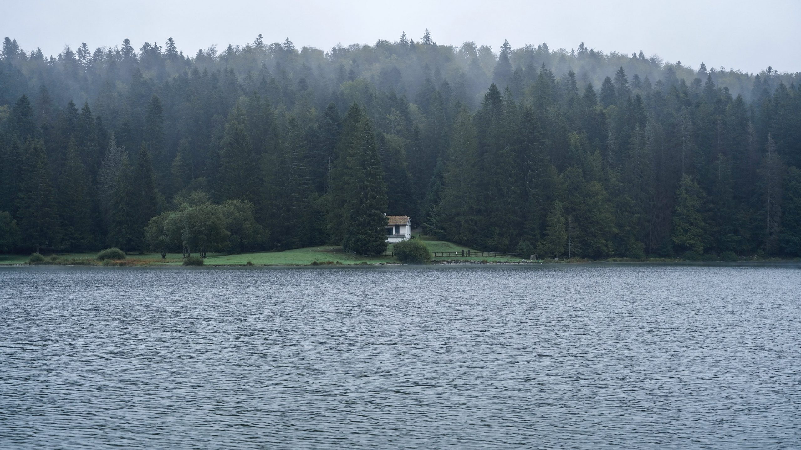 Lac Genin Jura maison sapins brume lac