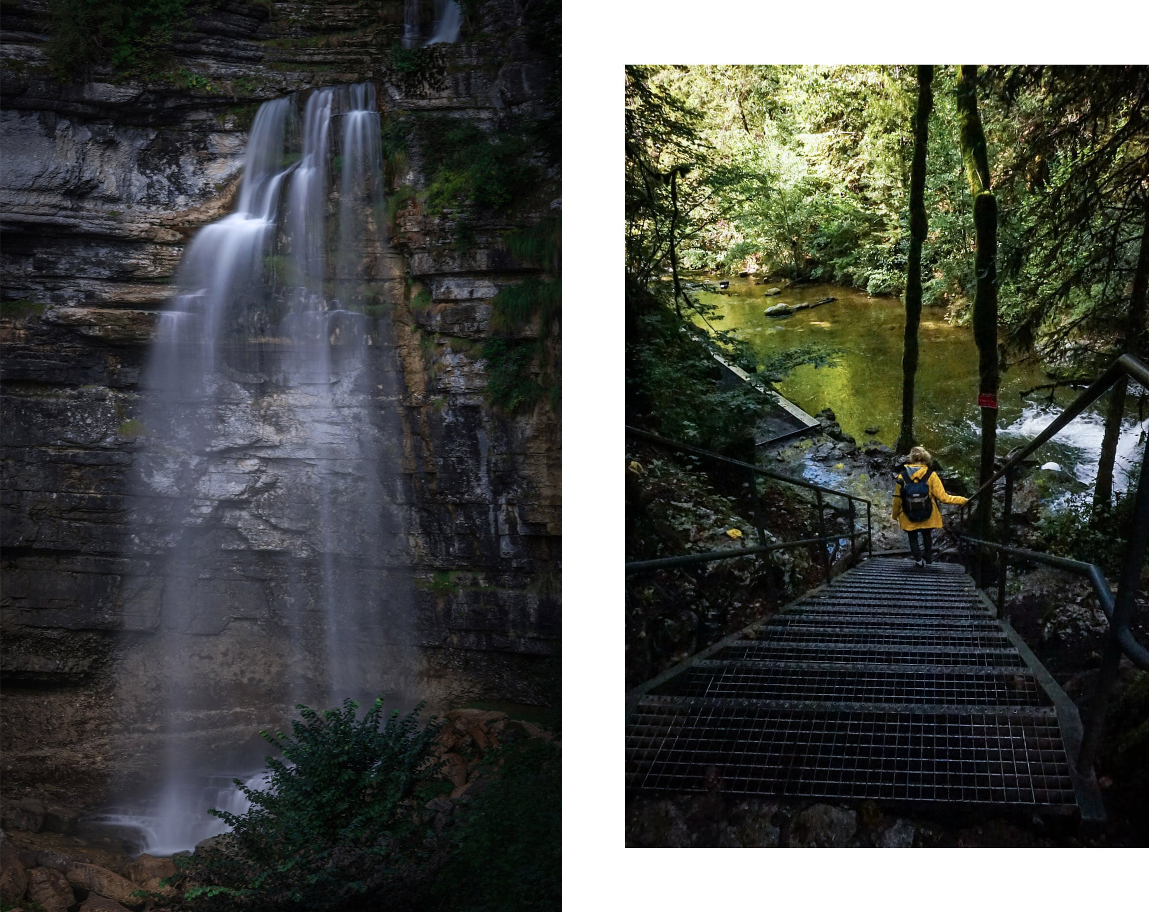 passerelle cascade du Hérisson pose longue ciré jaune soleil eau