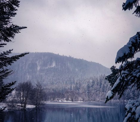 Lac de Retournemer sapins enneigés nuages gris hiver