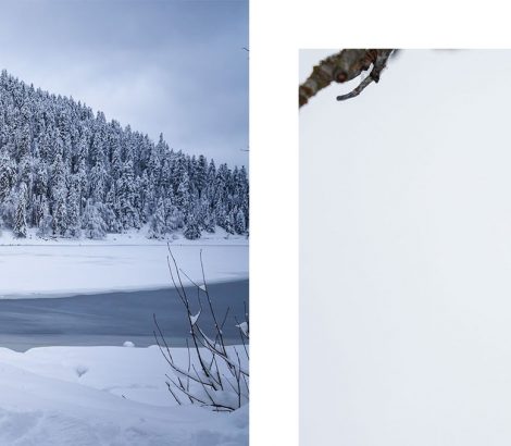 Lac des Corbeaux Vosges sapins neige rouge